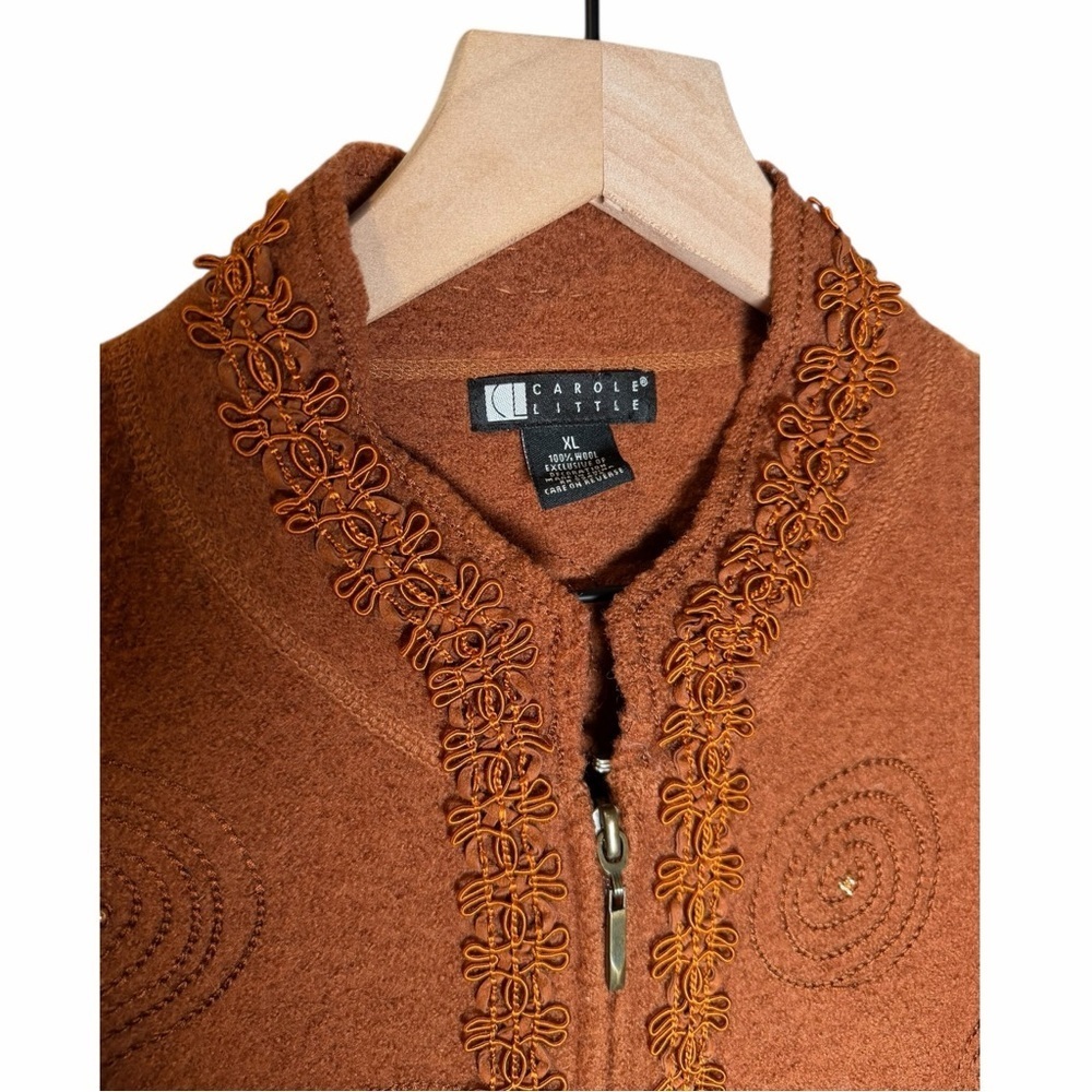 Boho Artisan 100% Wool Zip Jacket Embellished Brown Rust Statement Cardigan | XL - Picture 7 of 13